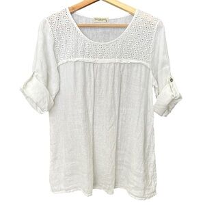 TERZO MILLENNIO Made in Italy 100% Linen Eyelet Embroidered Top, White, Medium